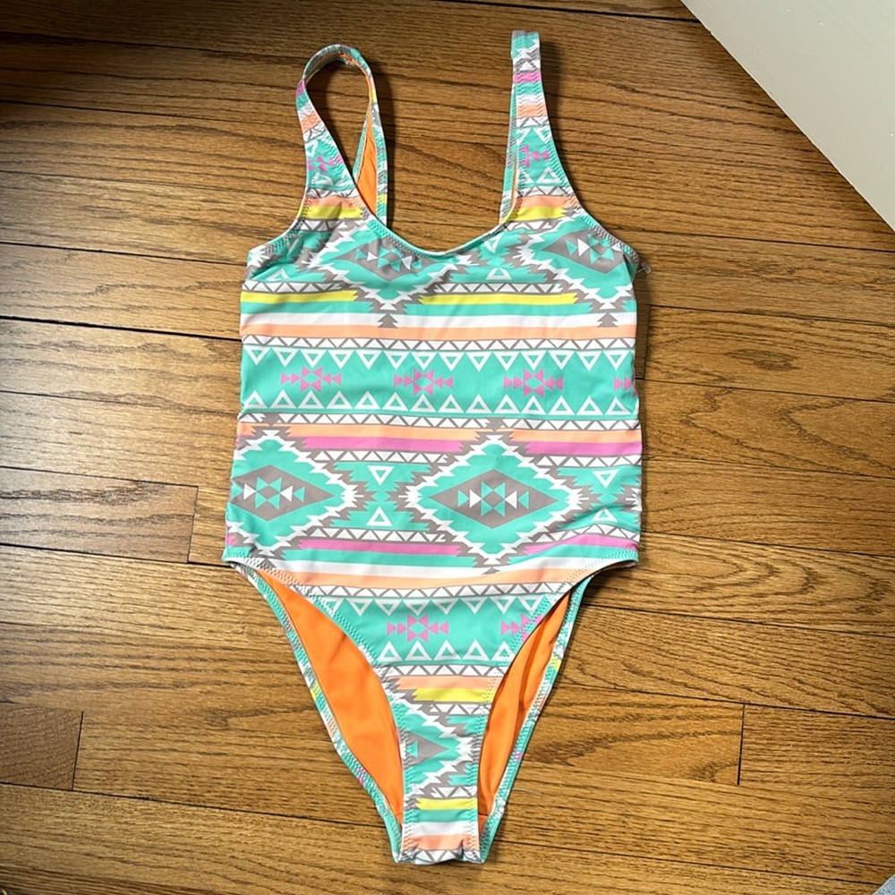 Chubbies Teal Aztec Geometric Print One Piece Swimsuit